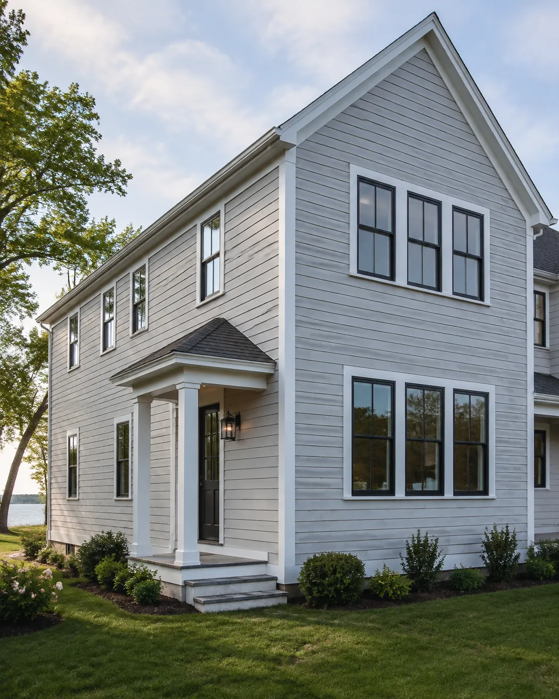 AI-generated illustration of a New England home with light horizontal siding, not an E&B project
